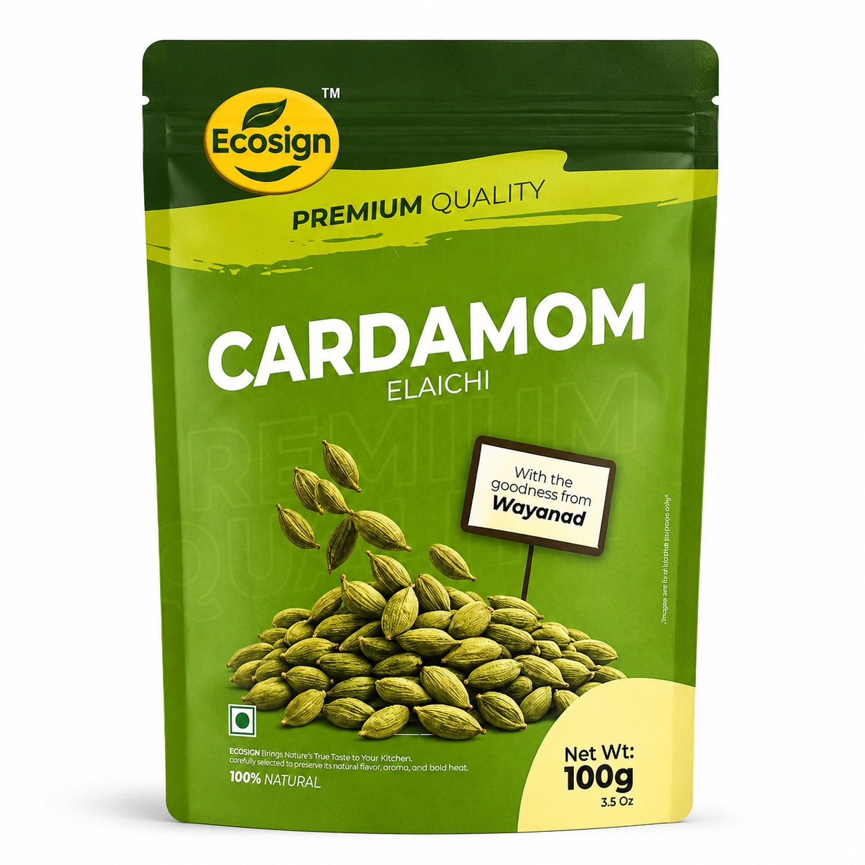 ECOSIGN whole green cardamom elaichi pack front 100g