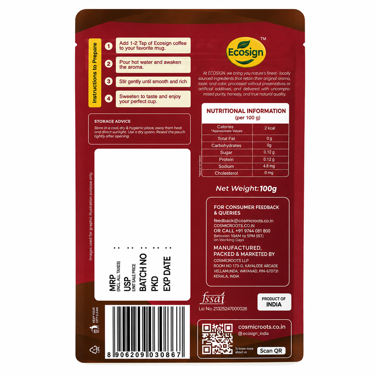 Ecosign Royal Arabusta Fusion 100g pack, back label with nutrition and preparation instructions