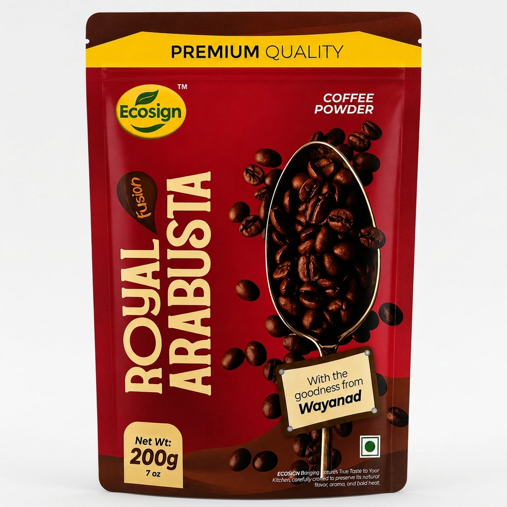 Ecosign Royal Arabusta Fusion coffee 200g pack, front view