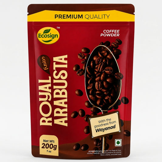 Ecosign Royal Arabusta Fusion coffee 200g pack, front view
