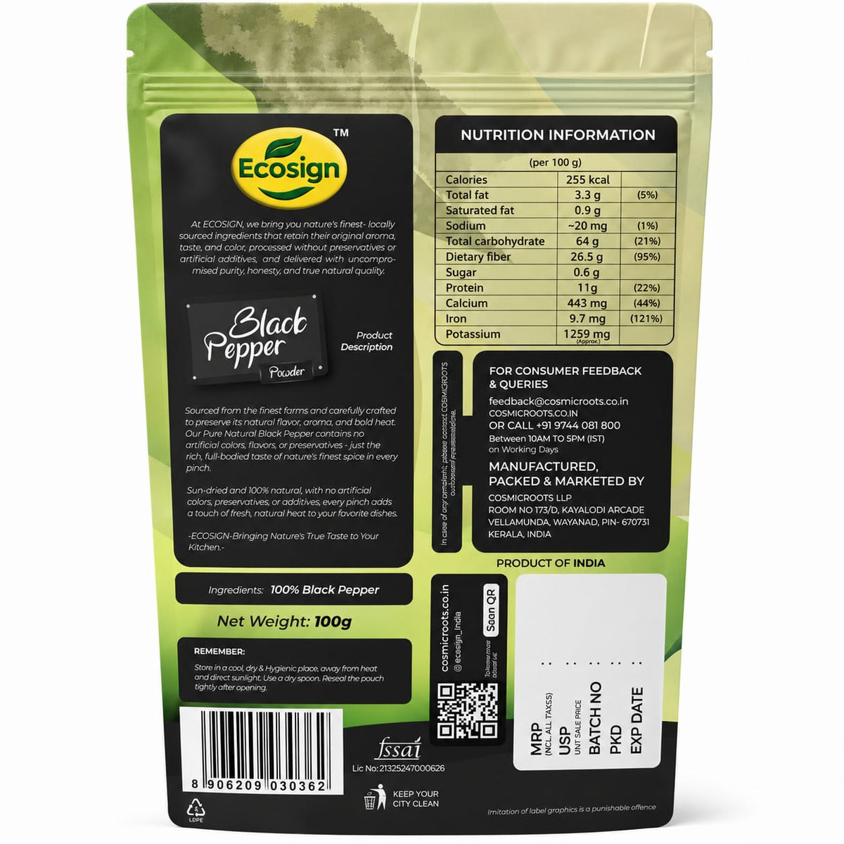ECOSIGN black pepper powder 100g pack back nutrition and compliance info