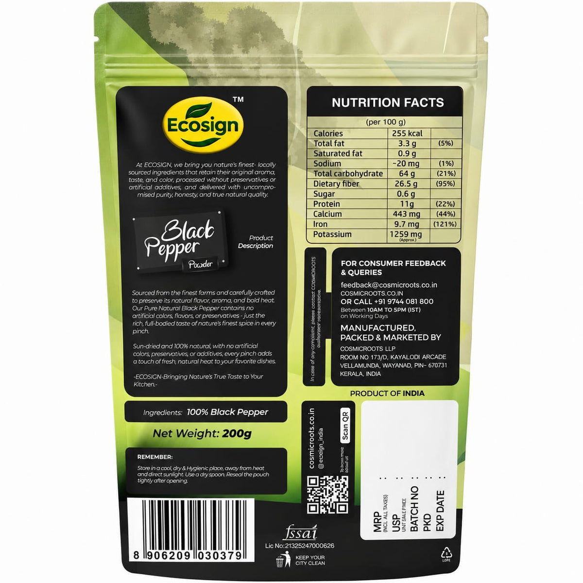 ECOSIGN black pepper powder 200g pack back nutrition and compliance info