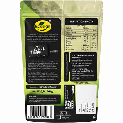 ECOSIGN black pepper powder 200g pack back nutrition and compliance info