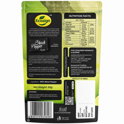	ECOSIGN black pepper powder 50g pack back nutrition and compliance info