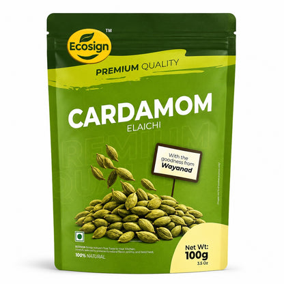 ECOSIGN whole green cardamom elaichi pack front 100g