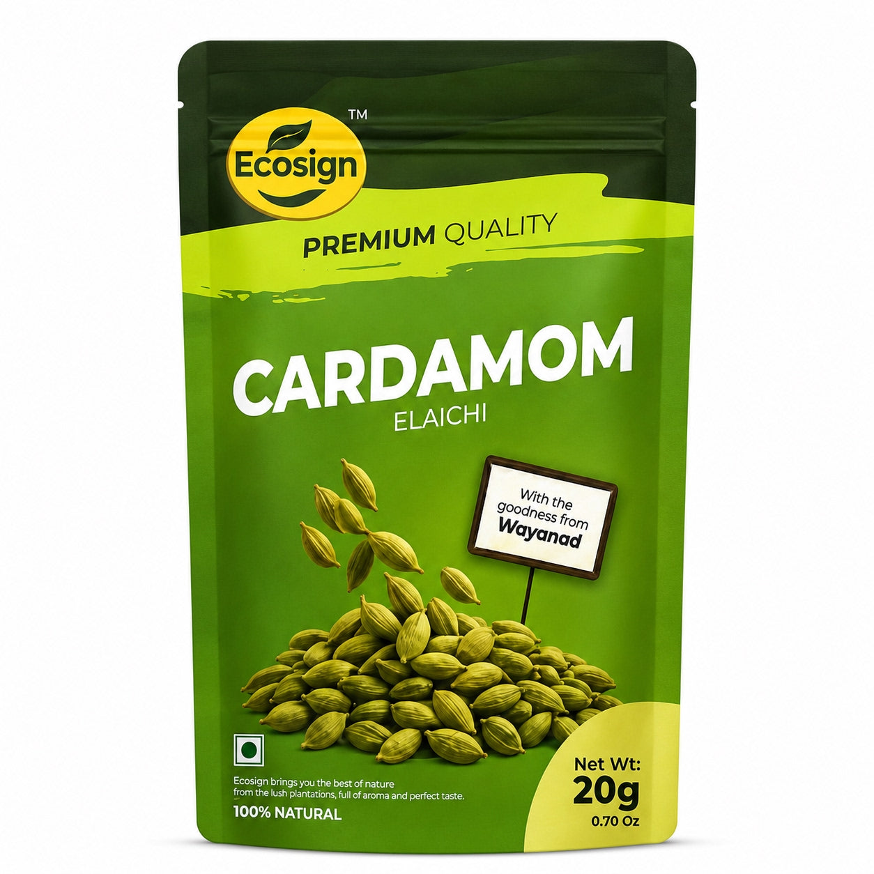 ECOSIGN whole green cardamom elaichi pack front 20g