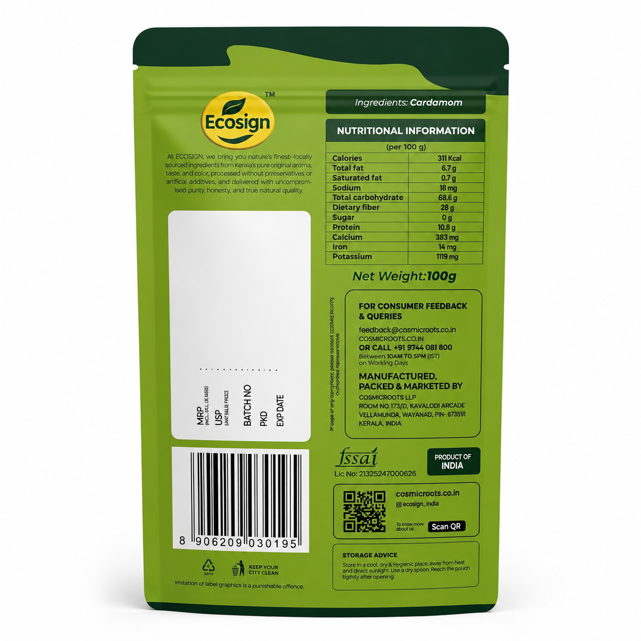 ECOSIGN whole green cardamom elaichi pack front 100g