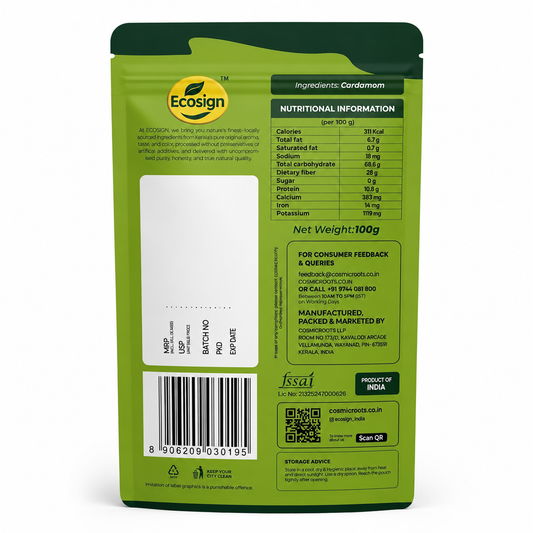 ECOSIGN whole green cardamom elaichi pack front 100g