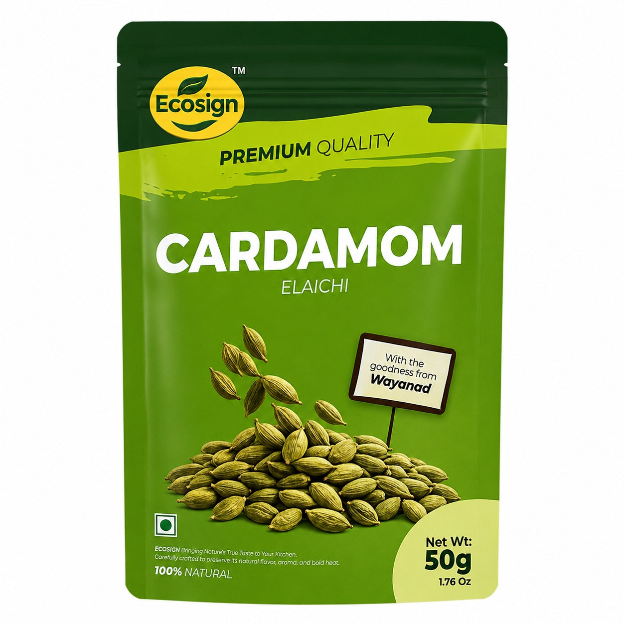 ECOSIGN whole green cardamom elaichi pack front 50g