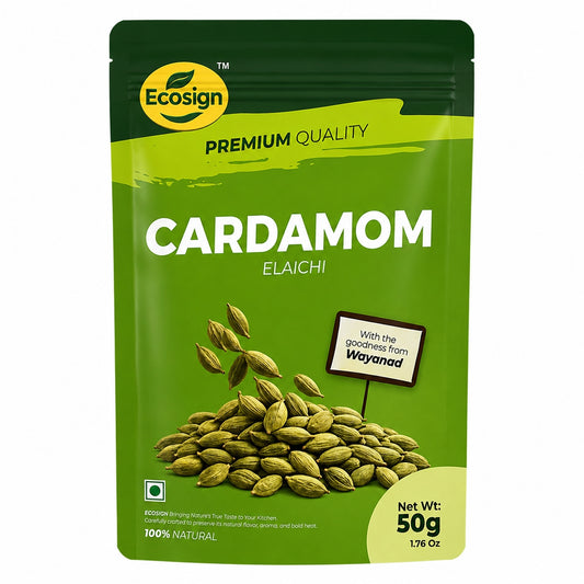 ECOSIGN whole green cardamom elaichi pack front 50g